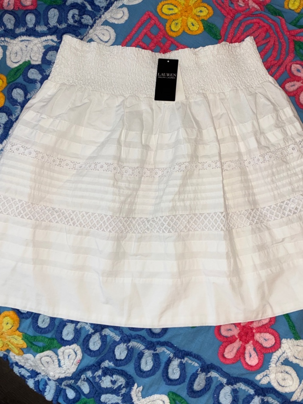 NWT Lauren Ralph Lauren White Cotton Eyelet Smocked Waist Skirt Large